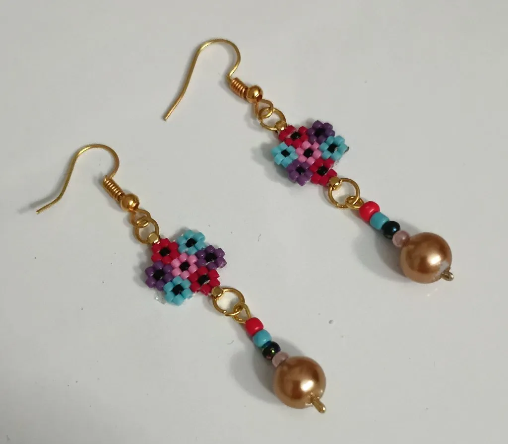 Çiçek Motifli Rengarenk Miyuki Boncuk Küpe - El İşi Tasarım