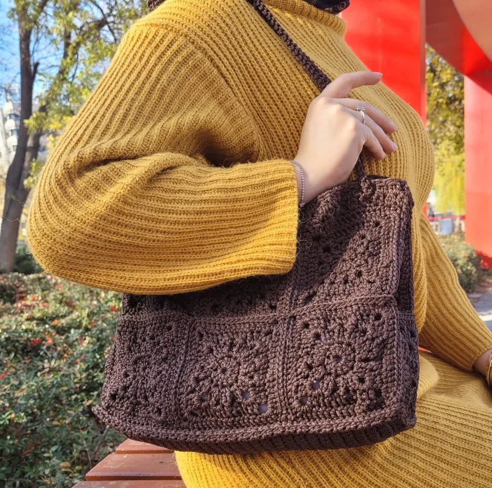 Kahverengi Motifli Örgü Çanta - El Emeği Tasarım