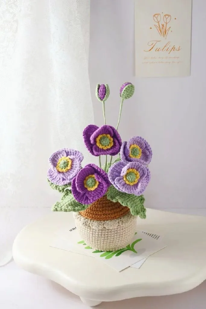 Mor Gelincik Çiçeği Buketi - Tığ İşi Saksı ve El Emeği