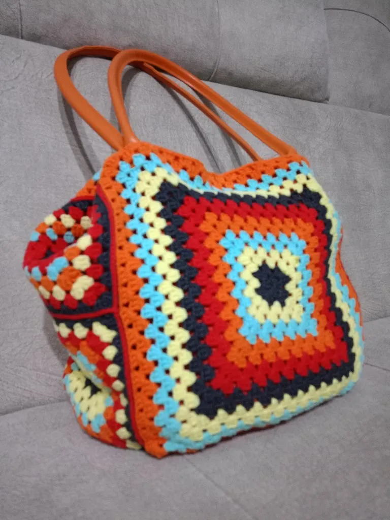 Renkli Kare Motifli Örgü Omuz Çantası - El Emeği