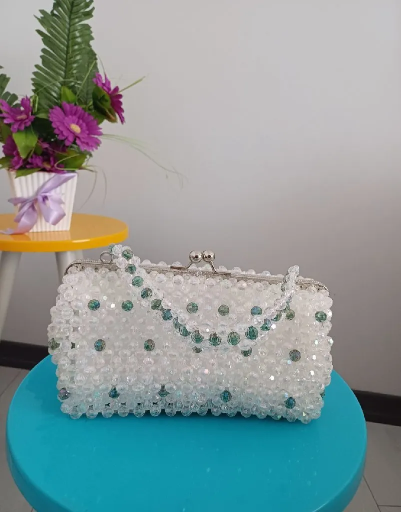 Kristal Boncuklu Abiye Çanta - Klipsli, Astarlı, Özel Günler İçin