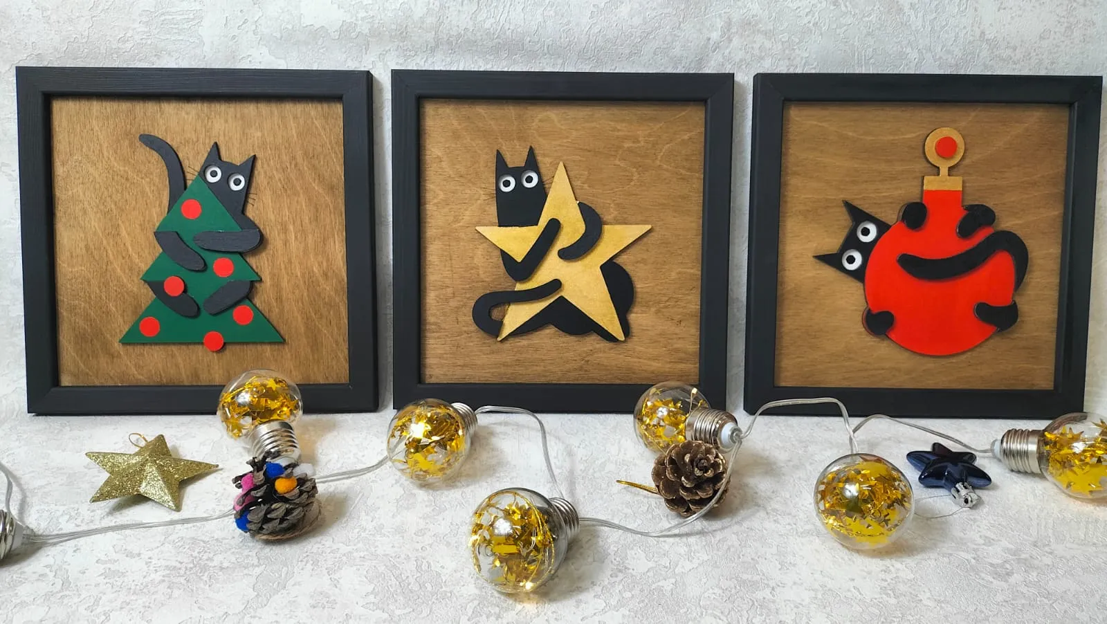 Yılbaşı Kedi Figürlü 3’lü Ahşap Tablo Seti