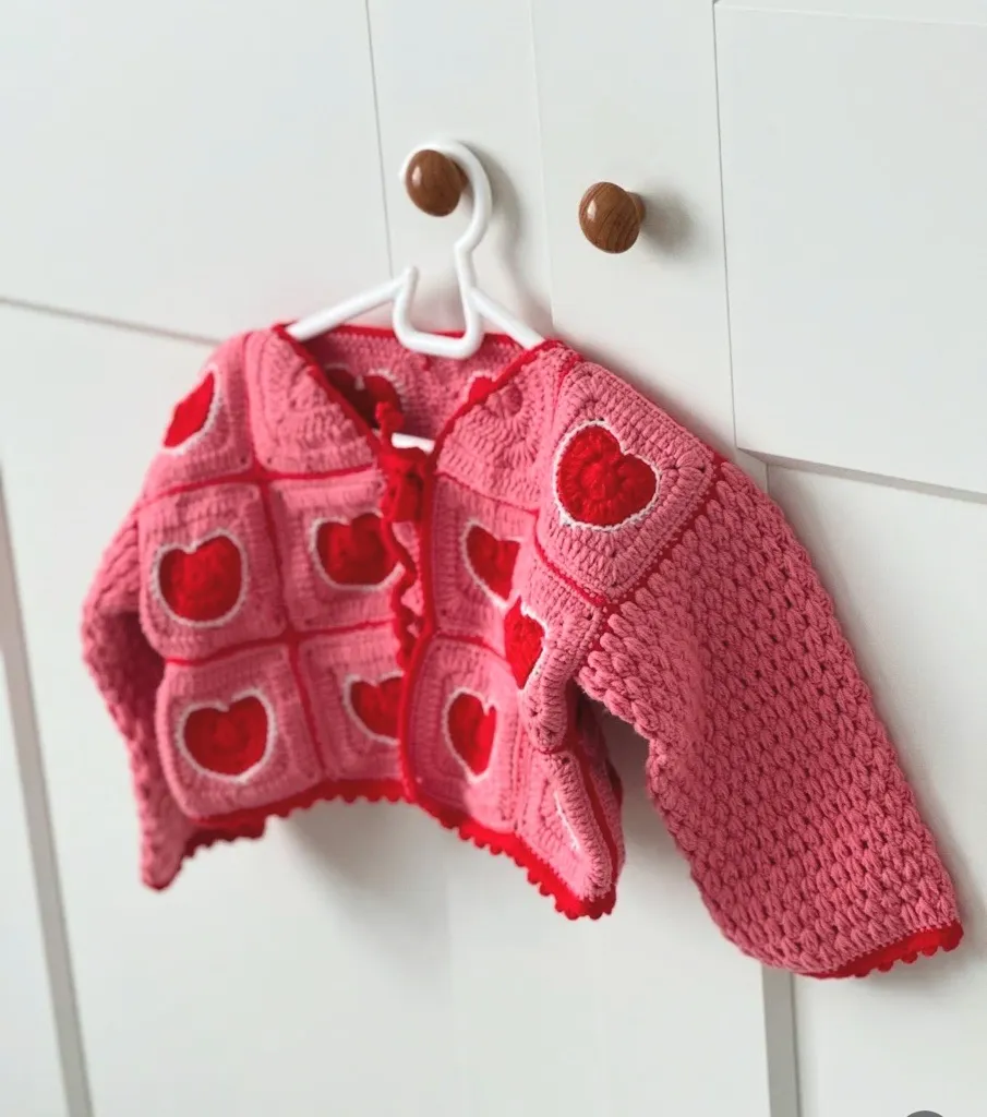 Pembe Kalp Motifli Örgü Hırka - Pamuklu ve Yumuşak Dokulu El Emeği