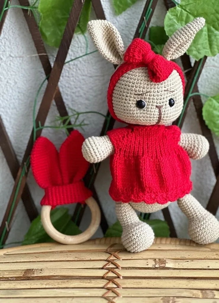 30 cm Örgü Oyuncak Tavşan ve Diş Kaşıyıcı Set - Amigurumi