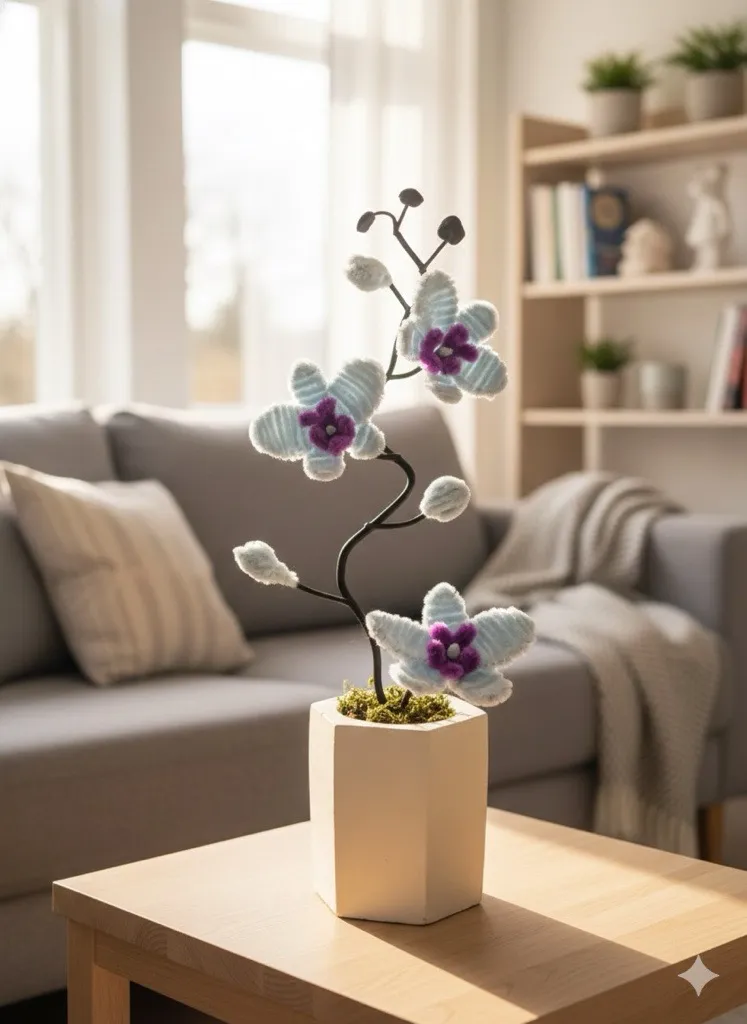 Şönil Buz Mavisi Orkide Saksıda Dekoratif Çiçek - El Yapımı