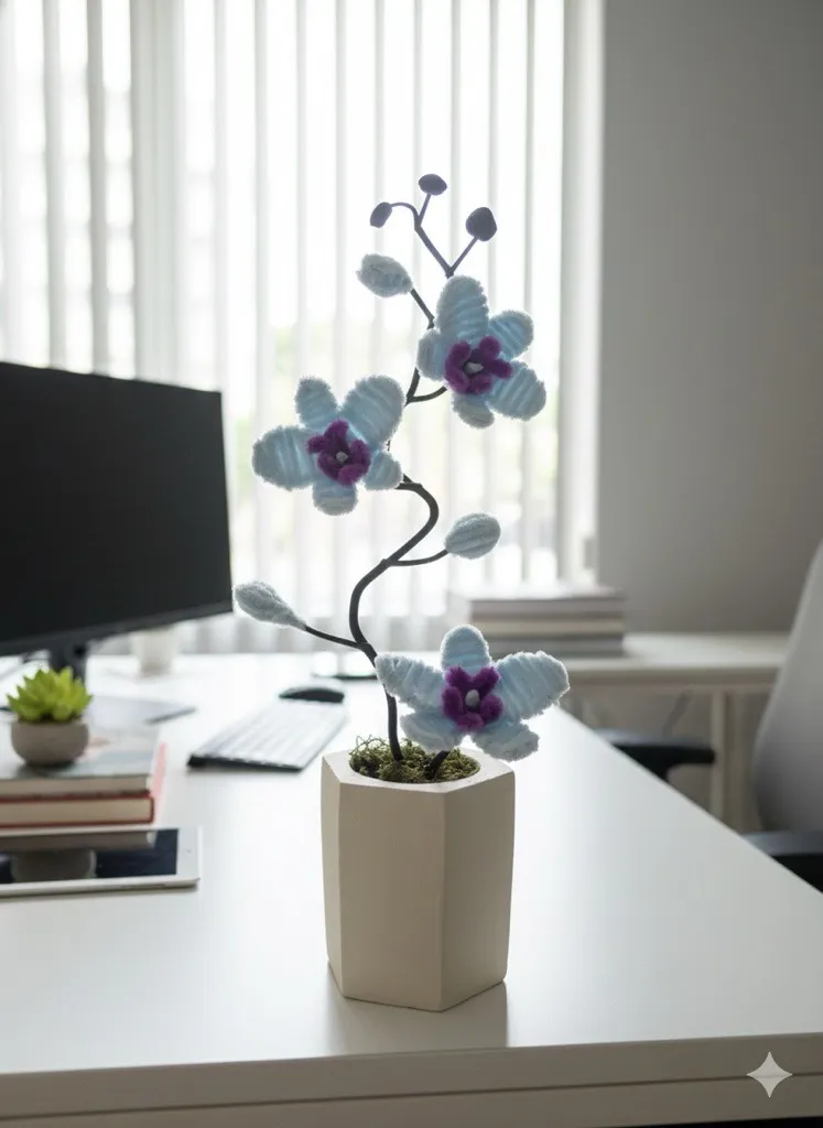 Şönil Buz Mavisi Orkide Saksıda Dekoratif Çiçek - El Yapımı