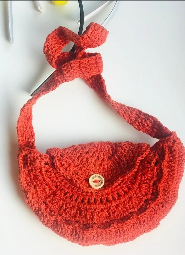 Kiremit Rengi Pamuk İpten Örme Omuz Çantası - El Emeği