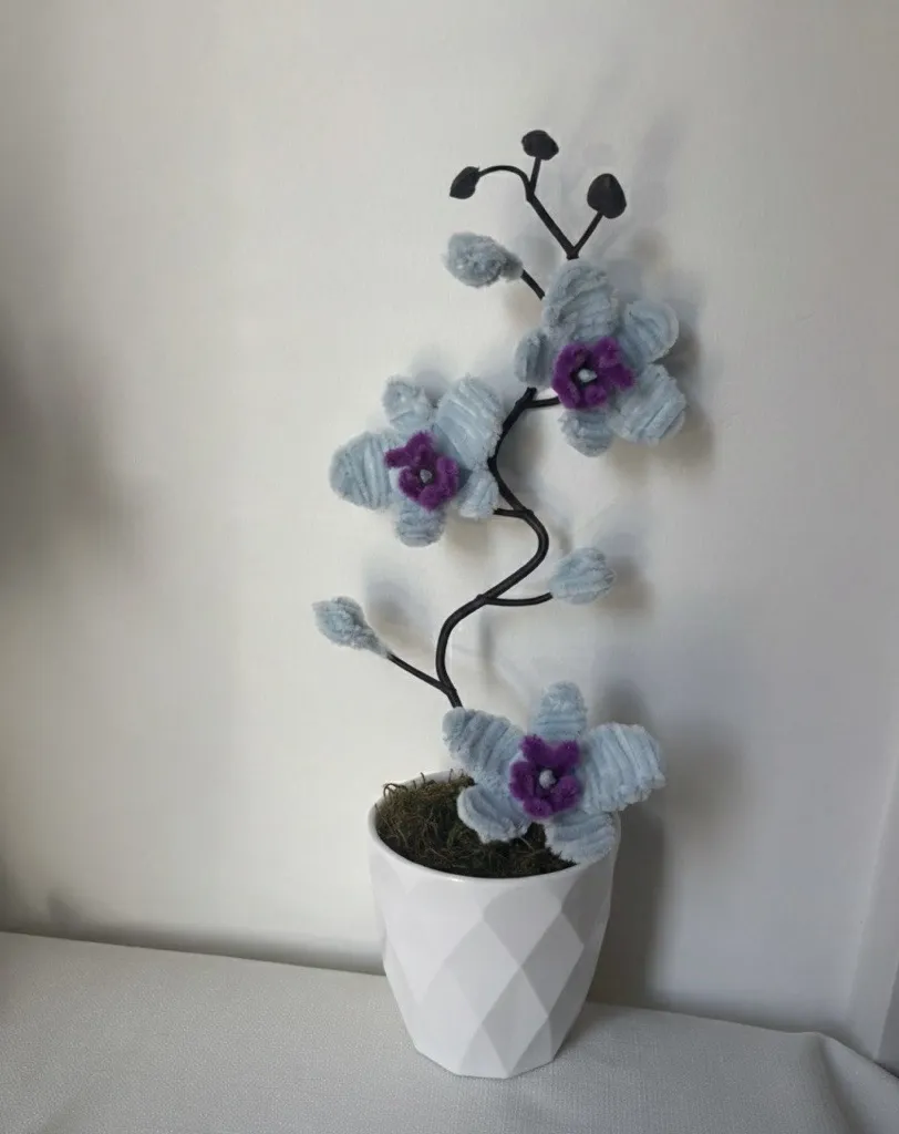 Şönil Buz Mavisi Orkide Saksıda Dekoratif Çiçek - El Yapımı