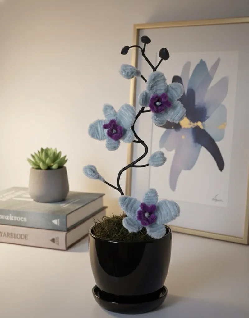 Şönil Buz Mavisi Orkide Saksıda Dekoratif Çiçek - El Yapımı