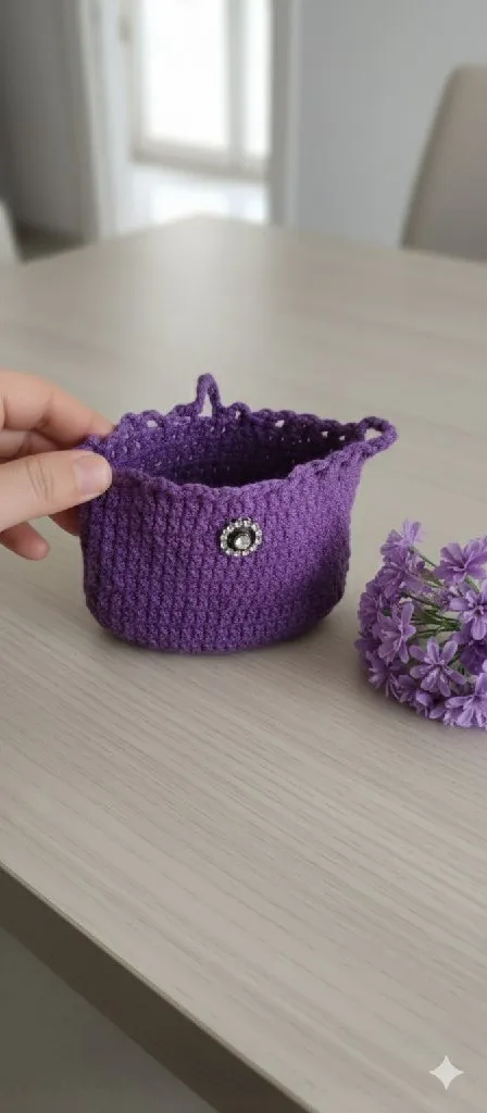 Lila Örgü Mini Cüzdan - El Emeği Tığ İşi Küçük Çanta