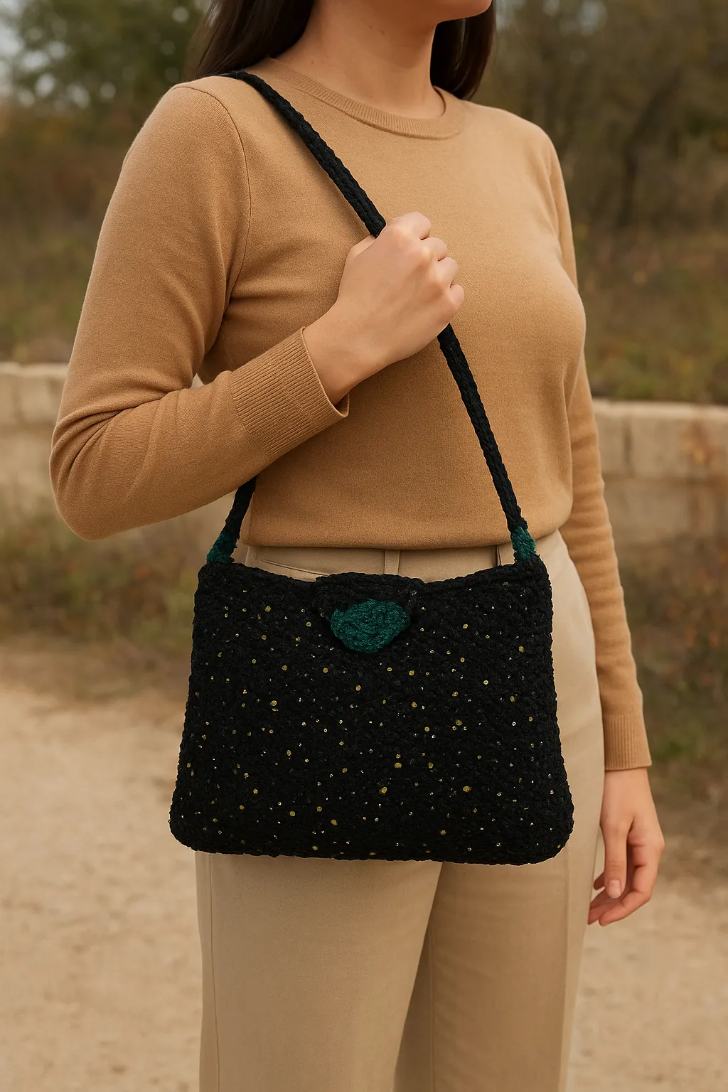 Siyah Motifli Omuz Çantası - Işıltılı Polyester El Örmesi