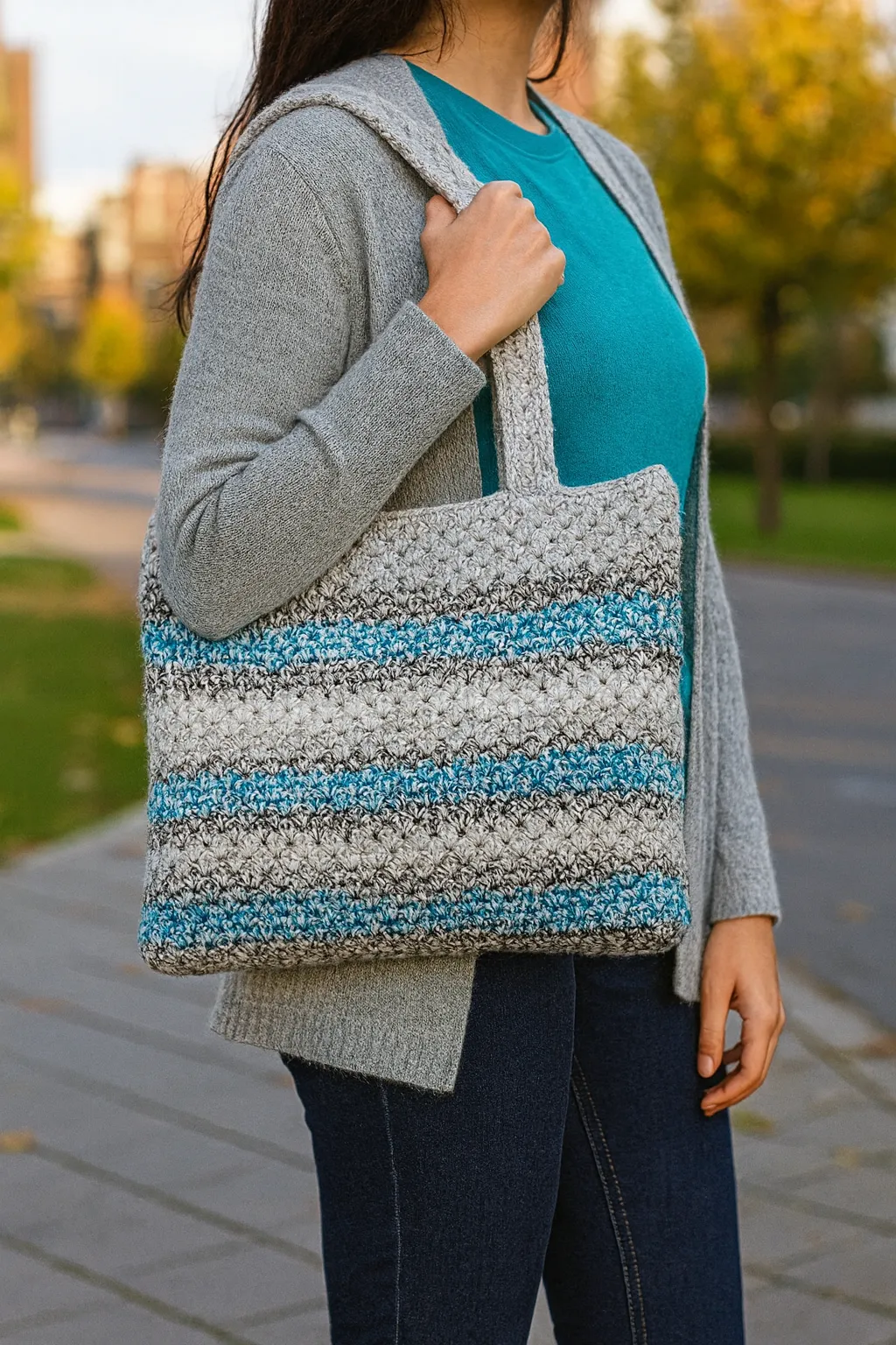 Mavi ve Gri Polyester Dolgu Model Örgü Omuz Çantası - El Emeği