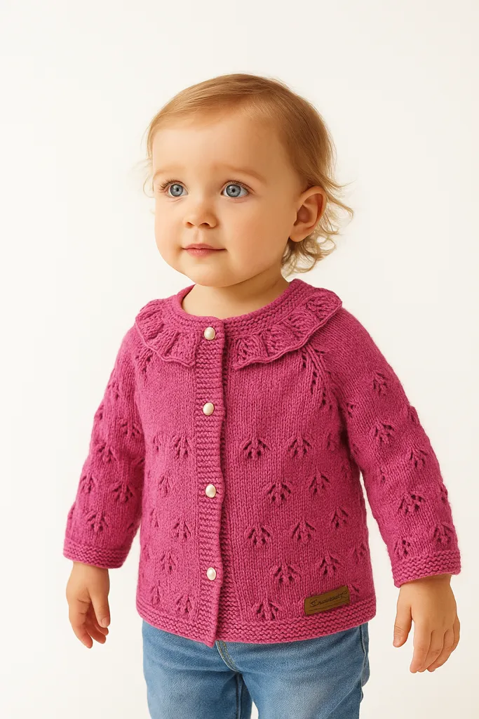 Pembe Yakalı Kız Çocuk Hırka - Antialerjik İpten El Emeği