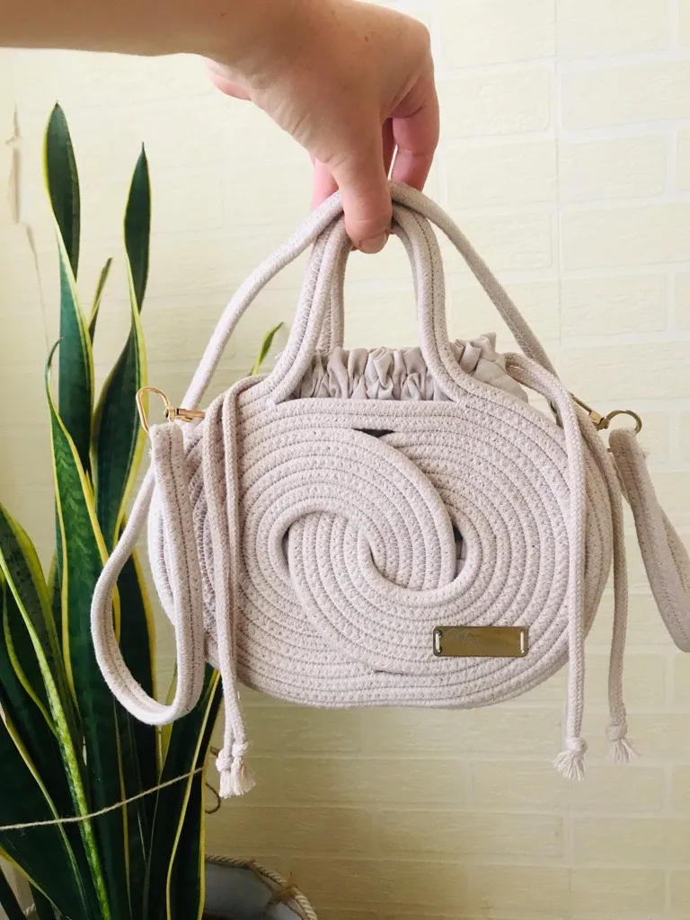Krem Rengi Sonsuzluk Model Pamuk İp Örgü Çanta - El Emeği