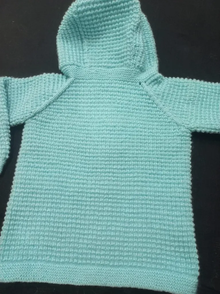 Örgü Kapüşonlu Çocuk Hırka - Mavi Renk, Düğmeli, El Emeği