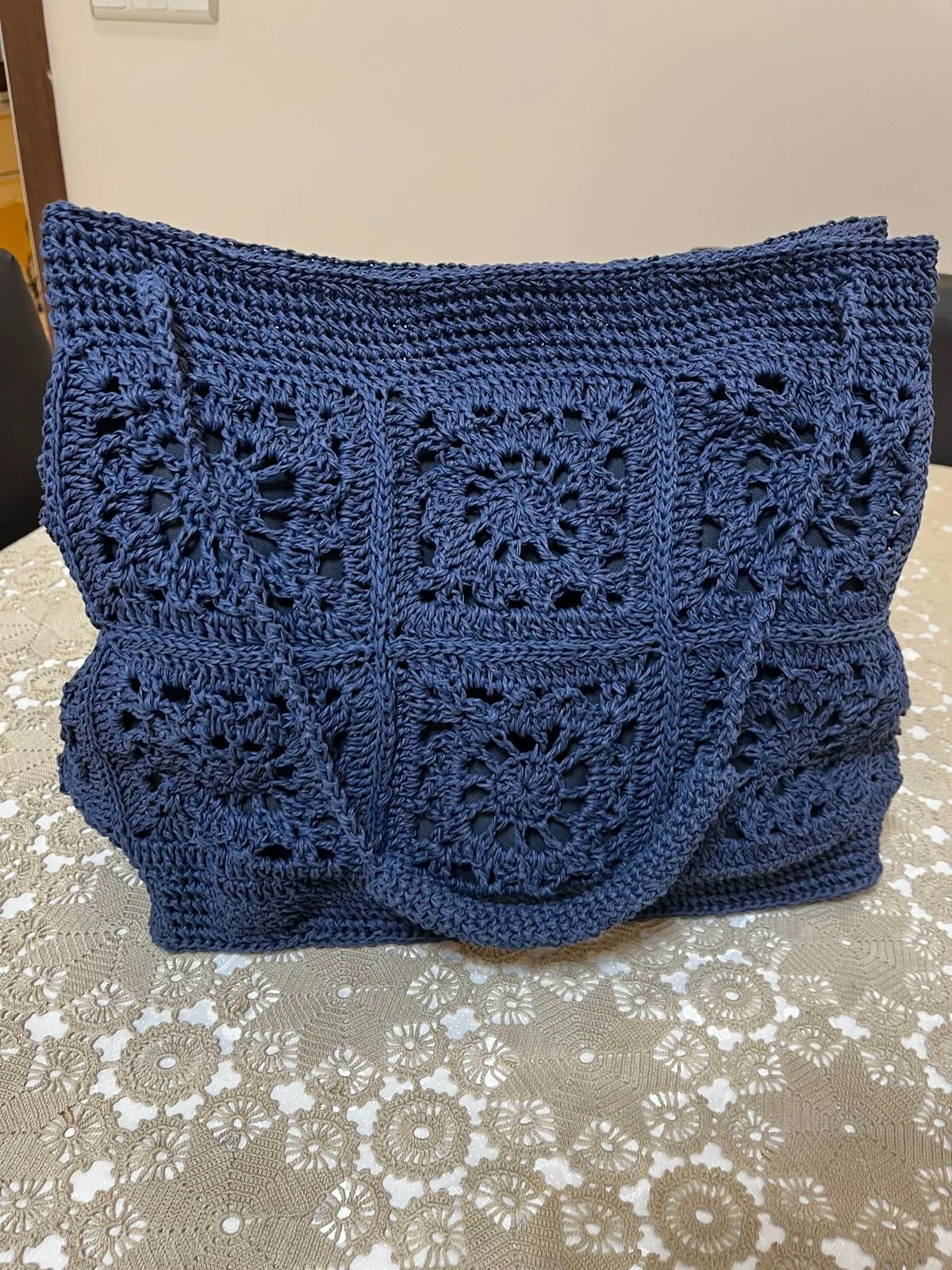 Lacivert Kağıt İp Örgü Omuz Çantası - Motifli ve Şık Tasarım