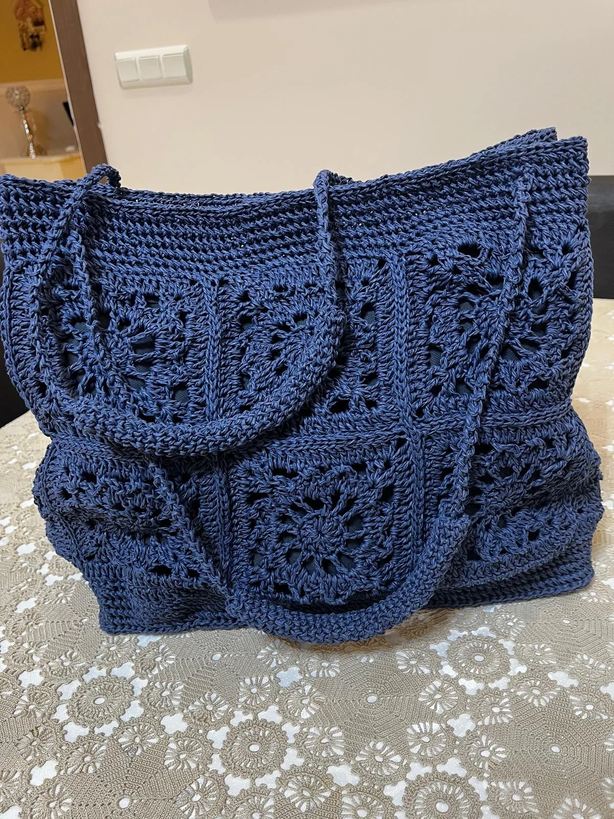 Lacivert Kağıt İp Örgü Omuz Çantası - Motifli ve Şık Tasarım