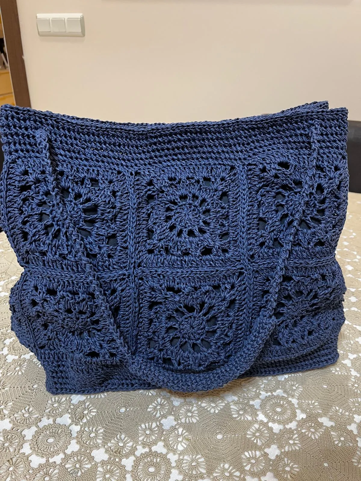 Lacivert Kağıt İp Örgü Omuz Çantası - Motifli ve Şık Tasarım