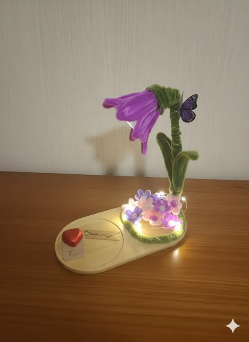 Mor Çiçekli Gece Lambası - Ahşap Tabanlı ve Kelebek Detaylı