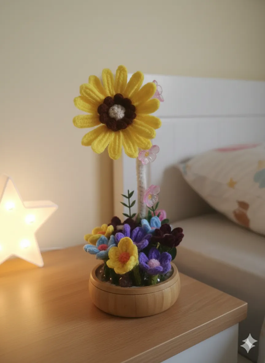 El Yapımı Güneş Çiçeği ve Renkli Buket Masa Dekorasyonu