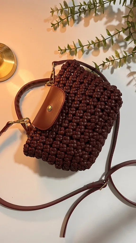 Bordo Deri Detaylı Örgü Mini Omuz Çantası - El Yapımı