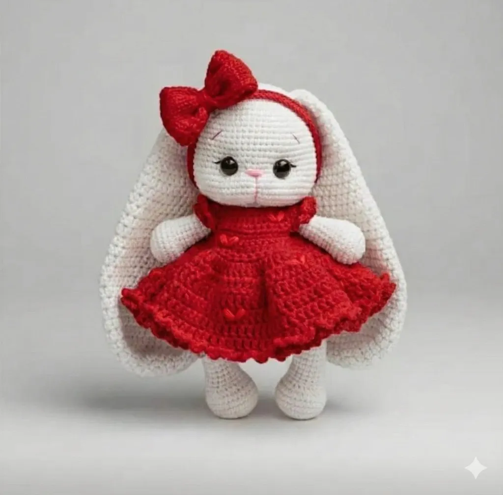 Kırmızı Elbiseli Örgü Oyuncak Tavşan Bebek - 25 cm - El Yapımı