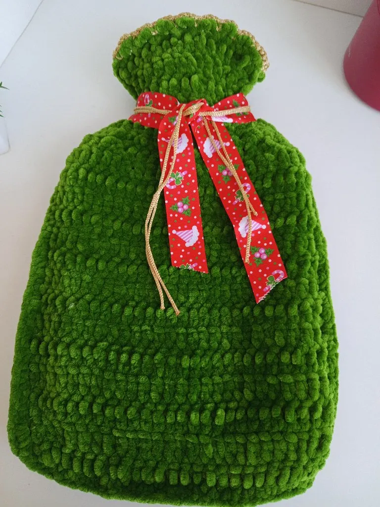 Yeşil Kadife İple Örülmüş Sıcak Su Torbası Kılıfı - El Emeği