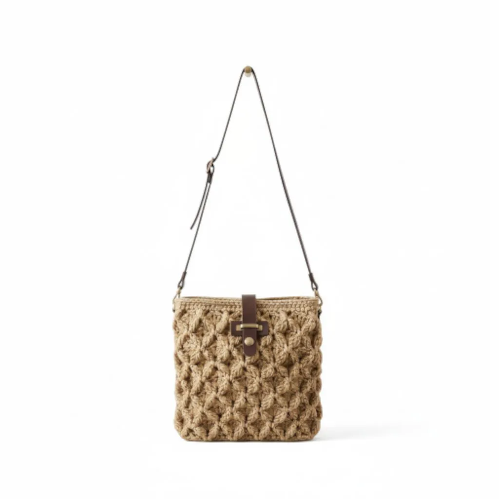 Kahverengi Kağıt İp Örgü Omuz Çantası - El Emeği Tasarım