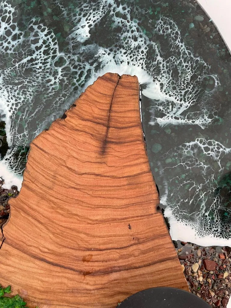 Zeytin Ağacı Epoksi Mumluk ve Masa Lambası - Deniz Dalgası Efektli