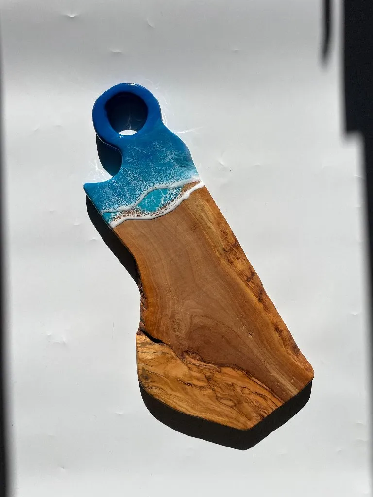 Mavi Epoksi Deniz Desenli Zeytin Ağacı Sunum/Kesme Tahtası