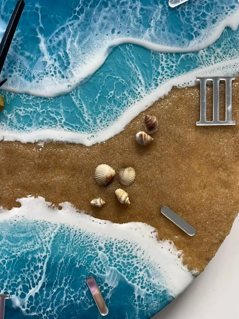 Kumsal ve Deniz Temalı Epoksi Duvar Saati - 32 cm, Sessiz Akar