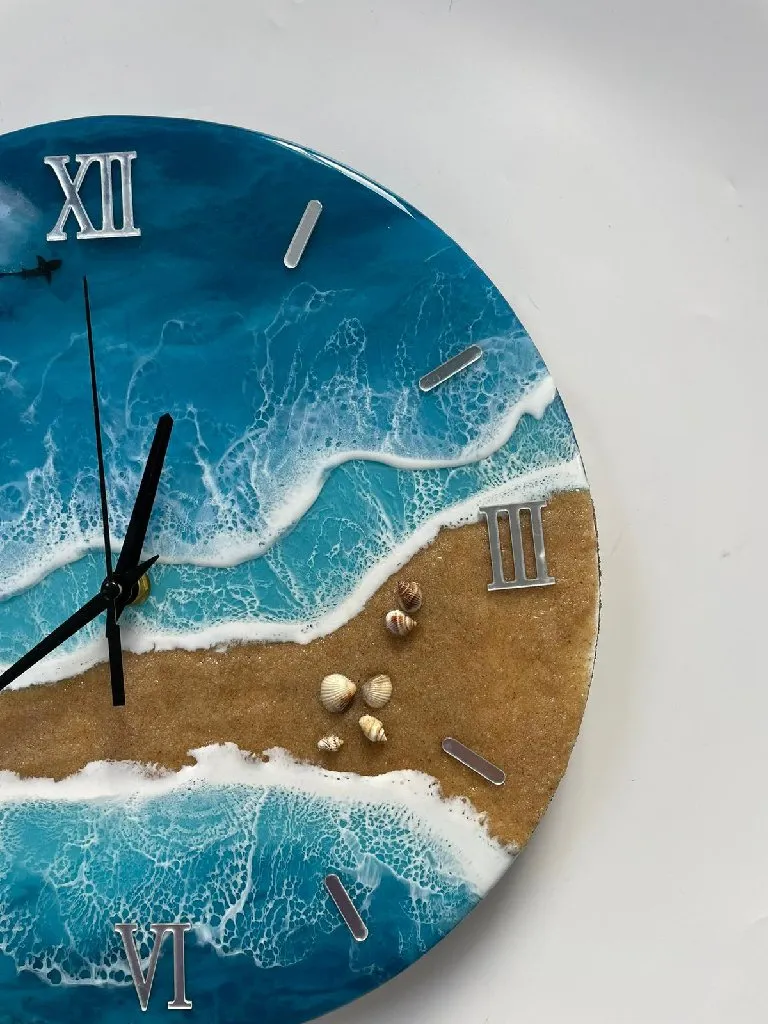 Kumsal ve Deniz Temalı Epoksi Duvar Saati - 32 cm, Sessiz Akar