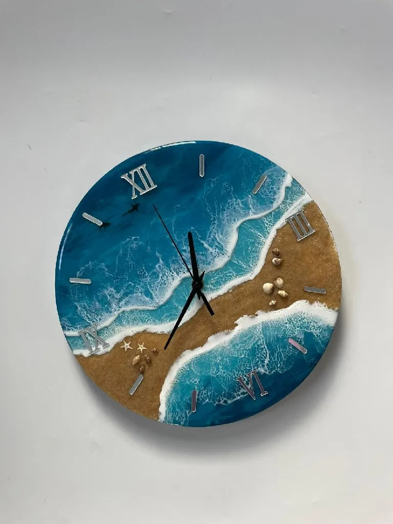 Kumsal ve Deniz Temalı Epoksi Duvar Saati - 32 cm, Sessiz Akar