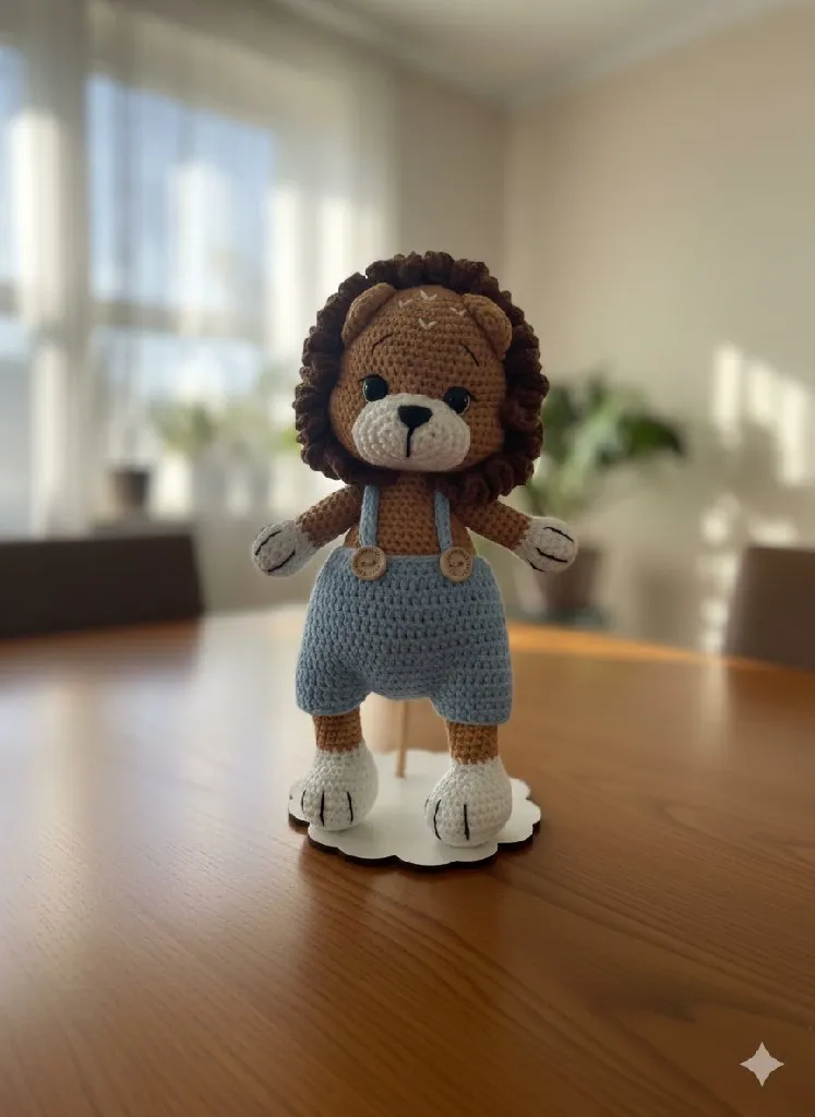 Mavi Tulumlu Örgü Aslan Bebek Oyuncak - El Emeği Amigurumi