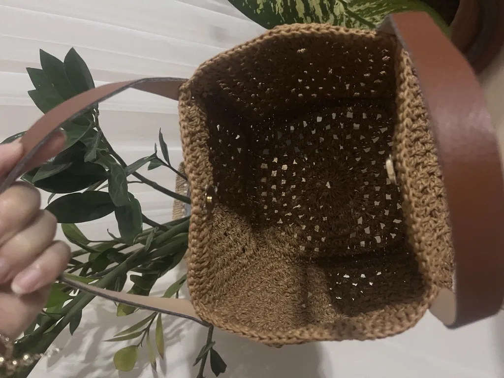 Kahverengi Kağıt İp Örgü Mini Çanta - Deri Saplı, Çıtçıtlı - El Emeği