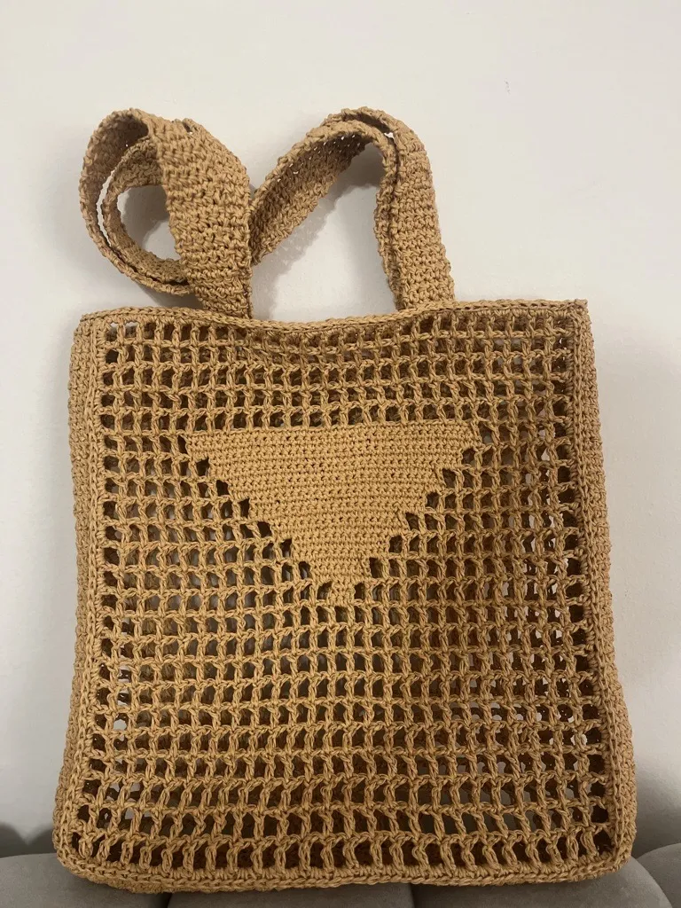 Kâğıt İp Örgü File Plaj Çantası - Kalp Desenli, El Yapımı