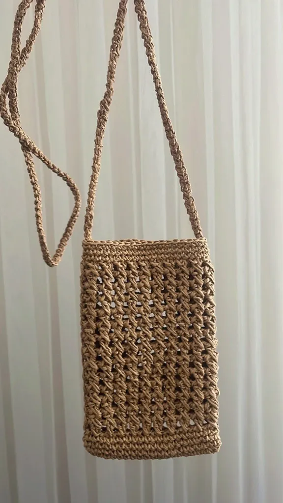 Kahverengi Kağıt İpten Çapraz Askılı Telefon Çantası - El Emeği