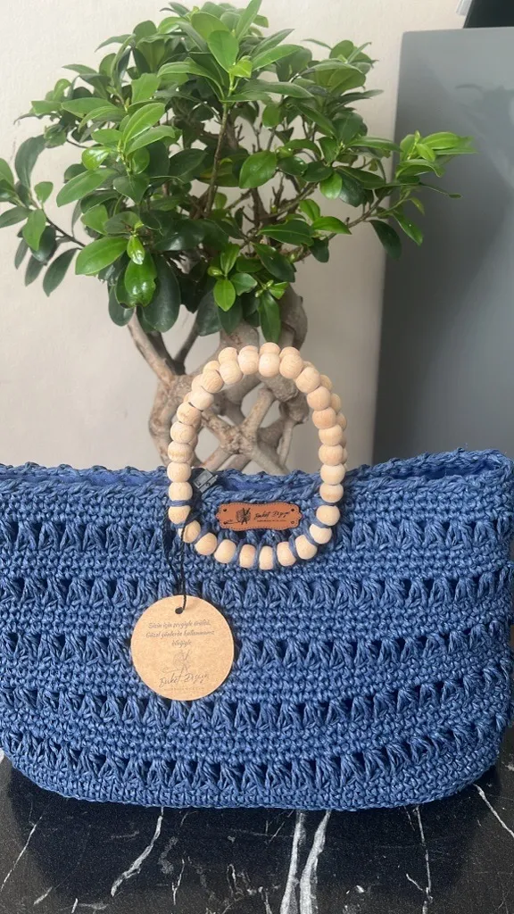 Lacivert Kapıt İp Örgü Omuz Çantası - Ahşap Boncuk Saplı - El Emeği