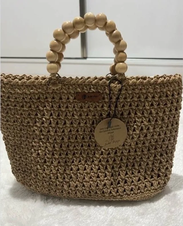 Kahverengi Kağıt İp Örgü Boncuk Saplı Astarlı Kol Çantası