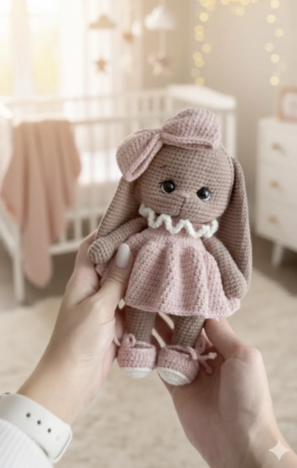 Pudra Elbiseli Uzun Kulaklı Amigurumi Tavşan Bebek Oyuncak 25 cm