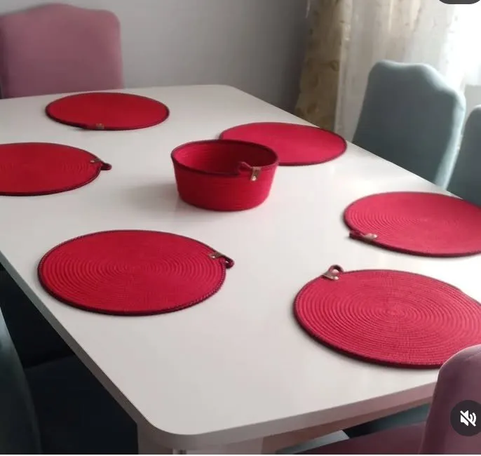 Kırmızı Pamuklu Hasır Supla Takımı - 6 Adet Yuvarlak ve Sepet