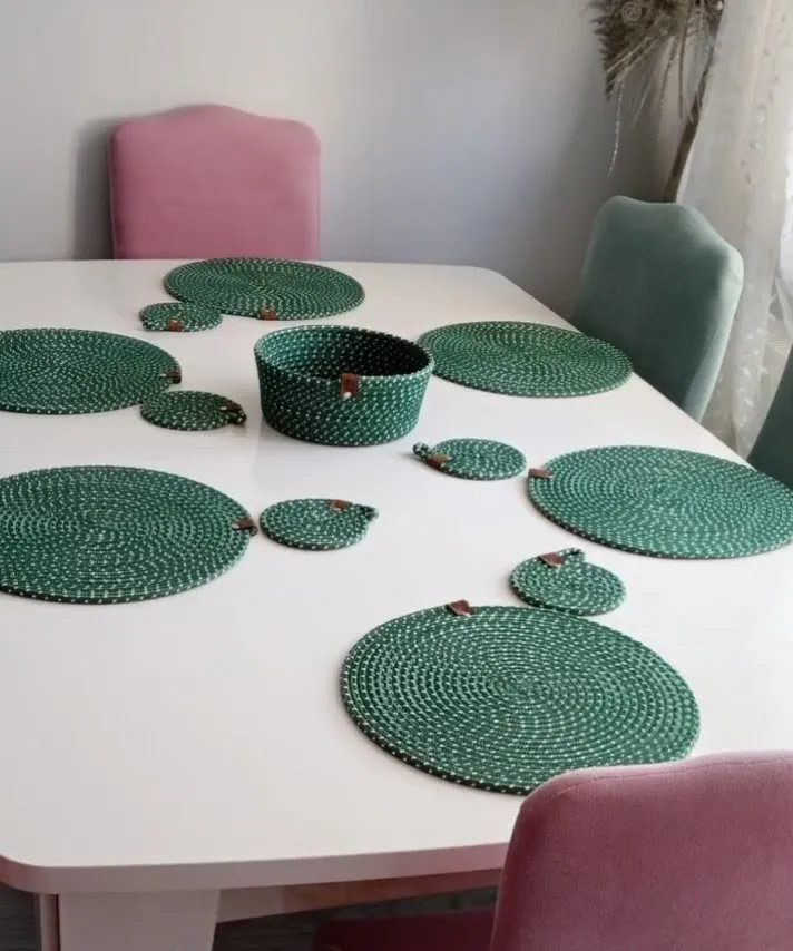 Yeşil Hasır Kordonlu Supla Takımı – 6’lı Yuvarlak Supla + Ekmek Sepeti
