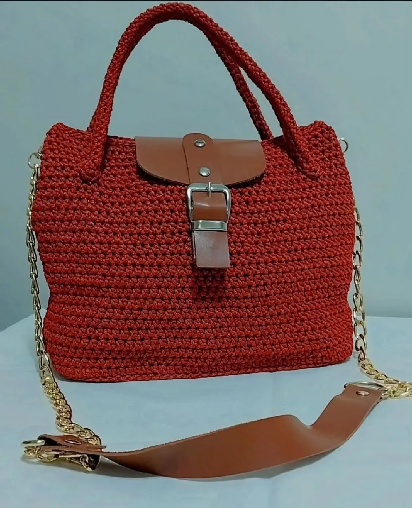 Kızıl Kahve Makrome Örgü Omuz Çantası - Deri Detaylı ve Zincirli