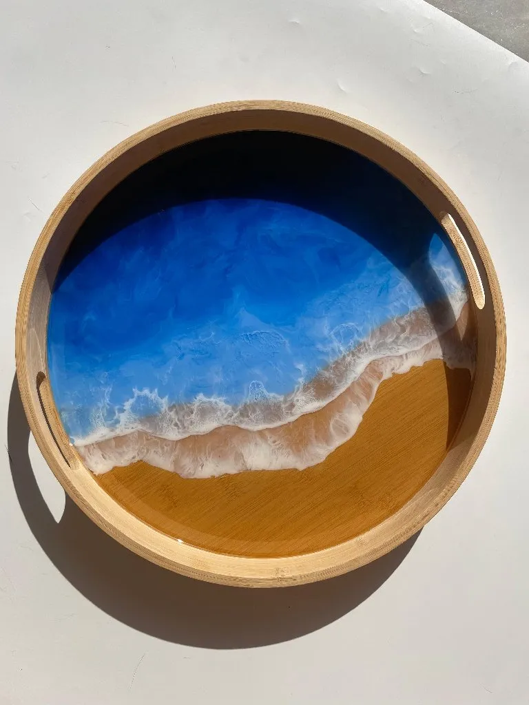 35 cm Yuvarlak Bambu Epoksi Deniz Dalgası Desenli Servis Tepsi