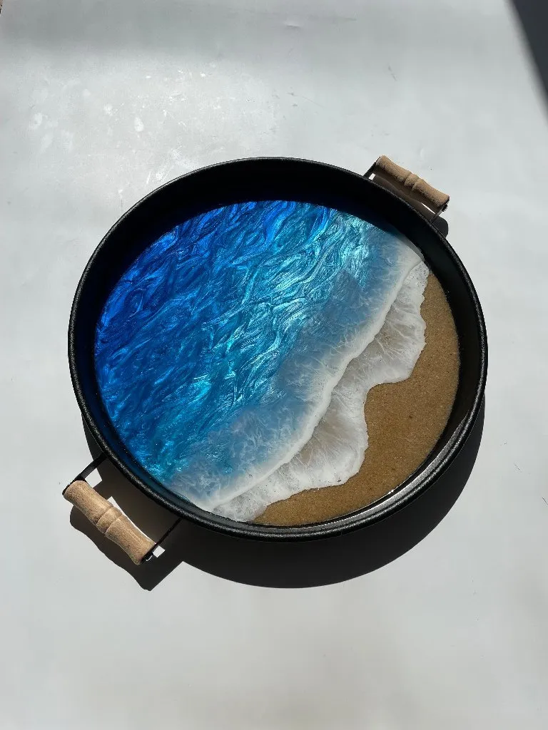 Siyah Metal 37 cm Deniz Temalı Epoksi Servis Tepsisi - El Yapımı