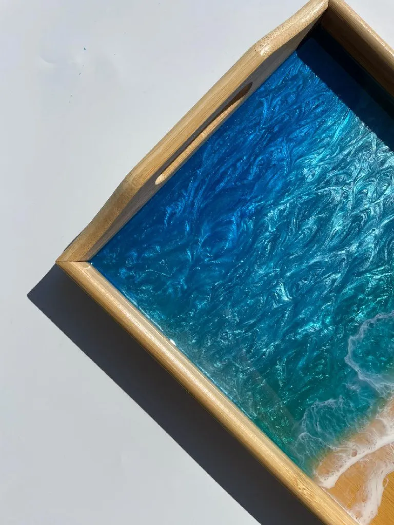 Sedefli Deniz Dalgası Desenli Bambu Epoksi Sunum ve Servis Tepsisi