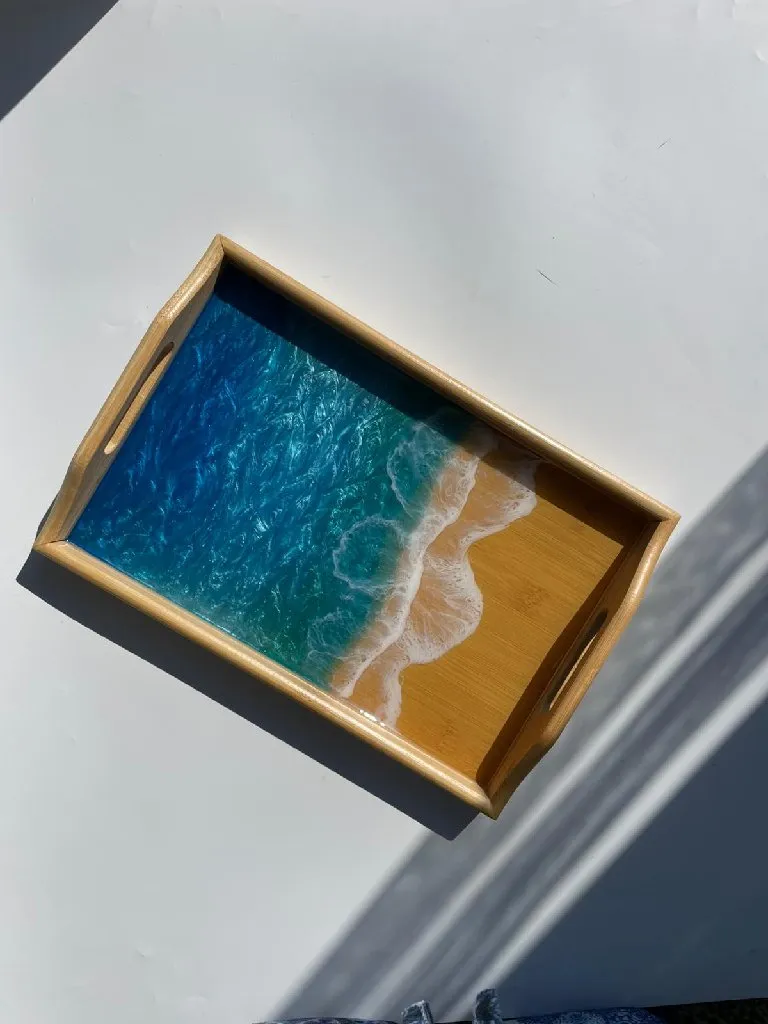 Sedefli Deniz Dalgası Desenli Bambu Epoksi Sunum ve Servis Tepsisi