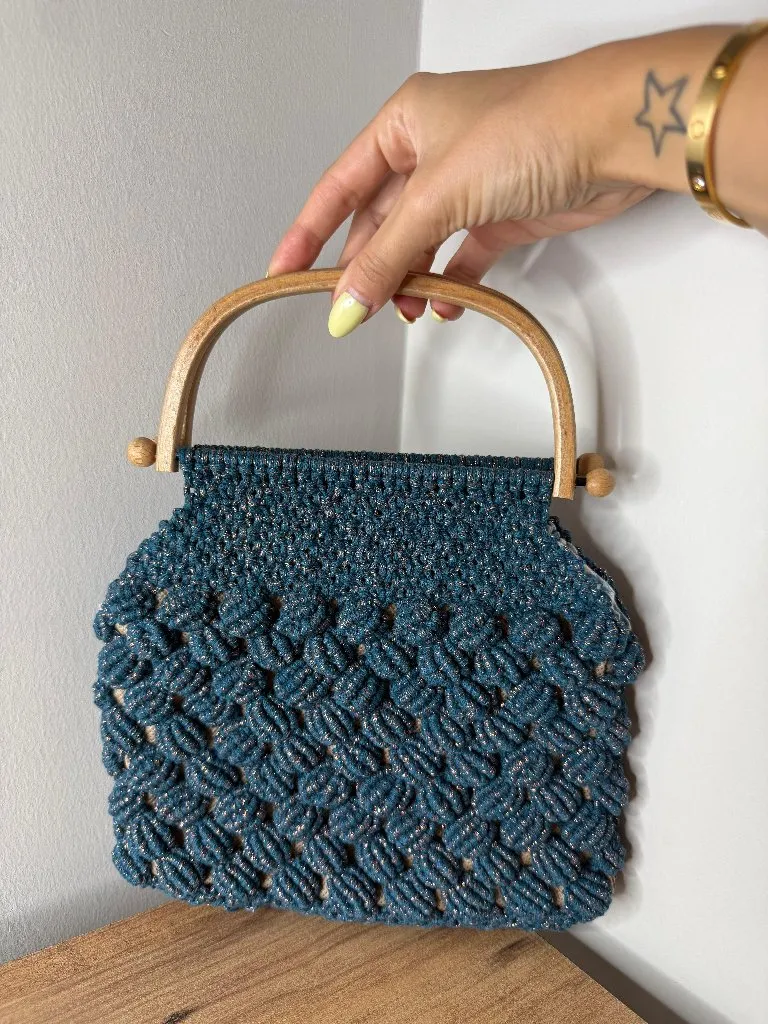Mavi Makrome Örgü Omuz Çantası Ahşap Saplı - El Yapımı