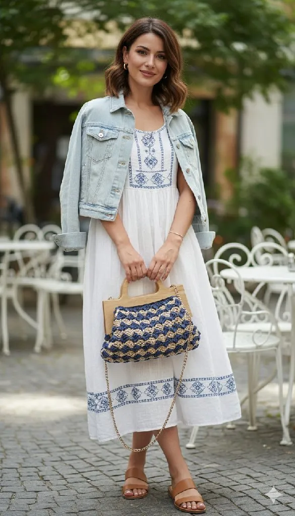 Ahşap Saplı Lacivert Krem Örgü Portföy Çanta - Zincir Askılı