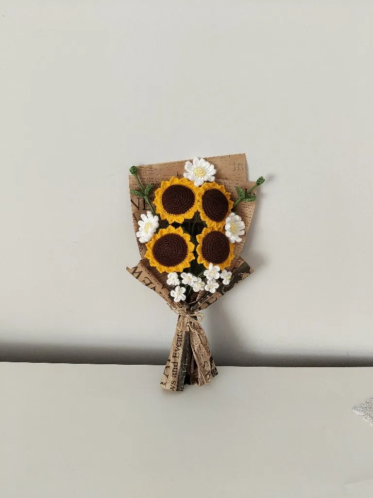 Örgü Ayçiçeği Buketi - Solmayan, Pamuk İplikten El Yapımı